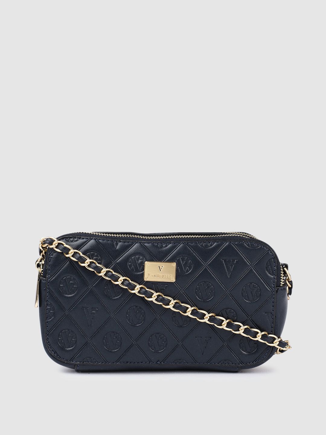 Van Heusen Navy Blue Textured PU Structured Sling Bag Price in India