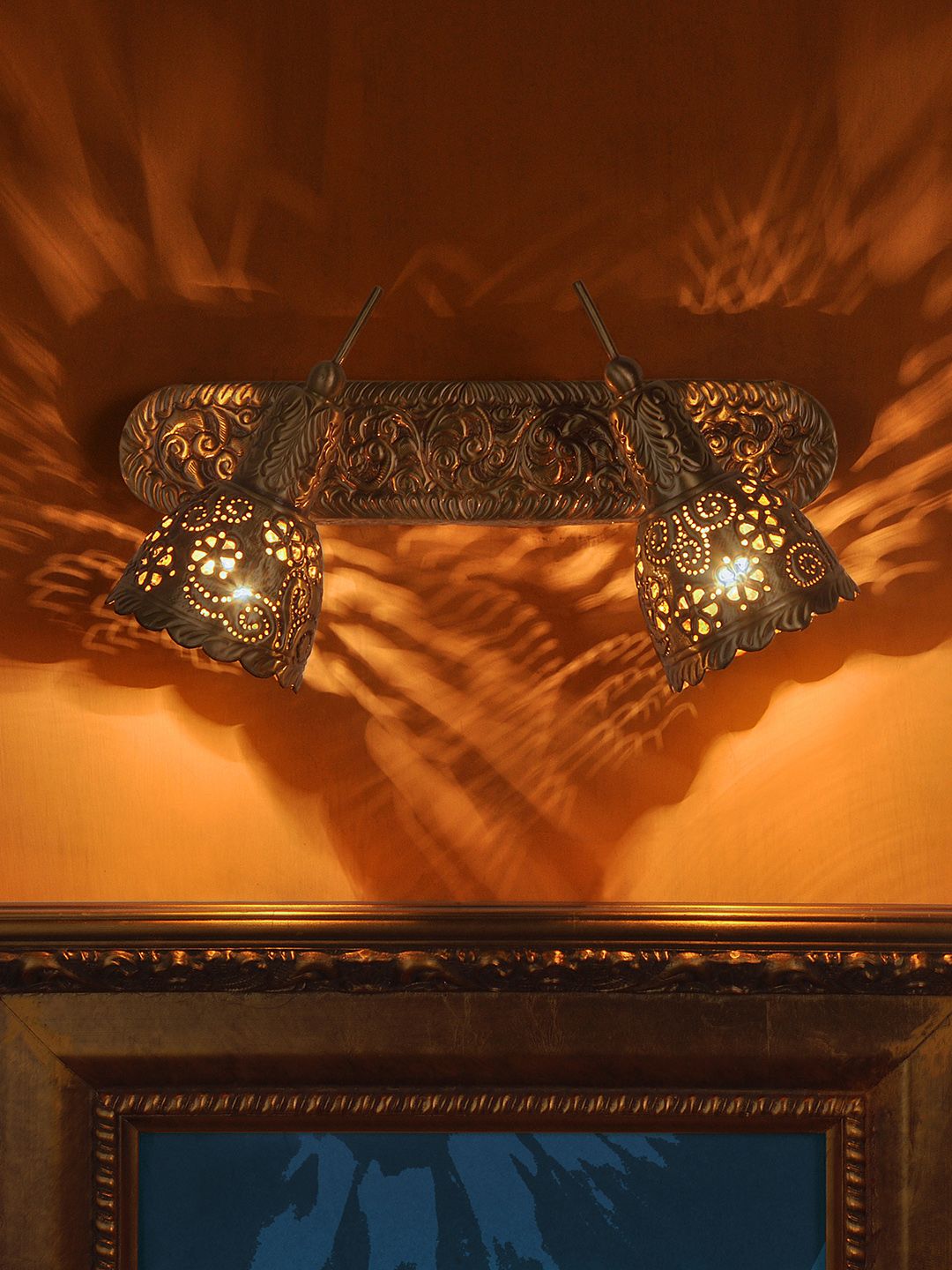 Fos Lighting Gold-Toned Textured & Carved Brass Armed Sconces with Dual Fixtures Price in India