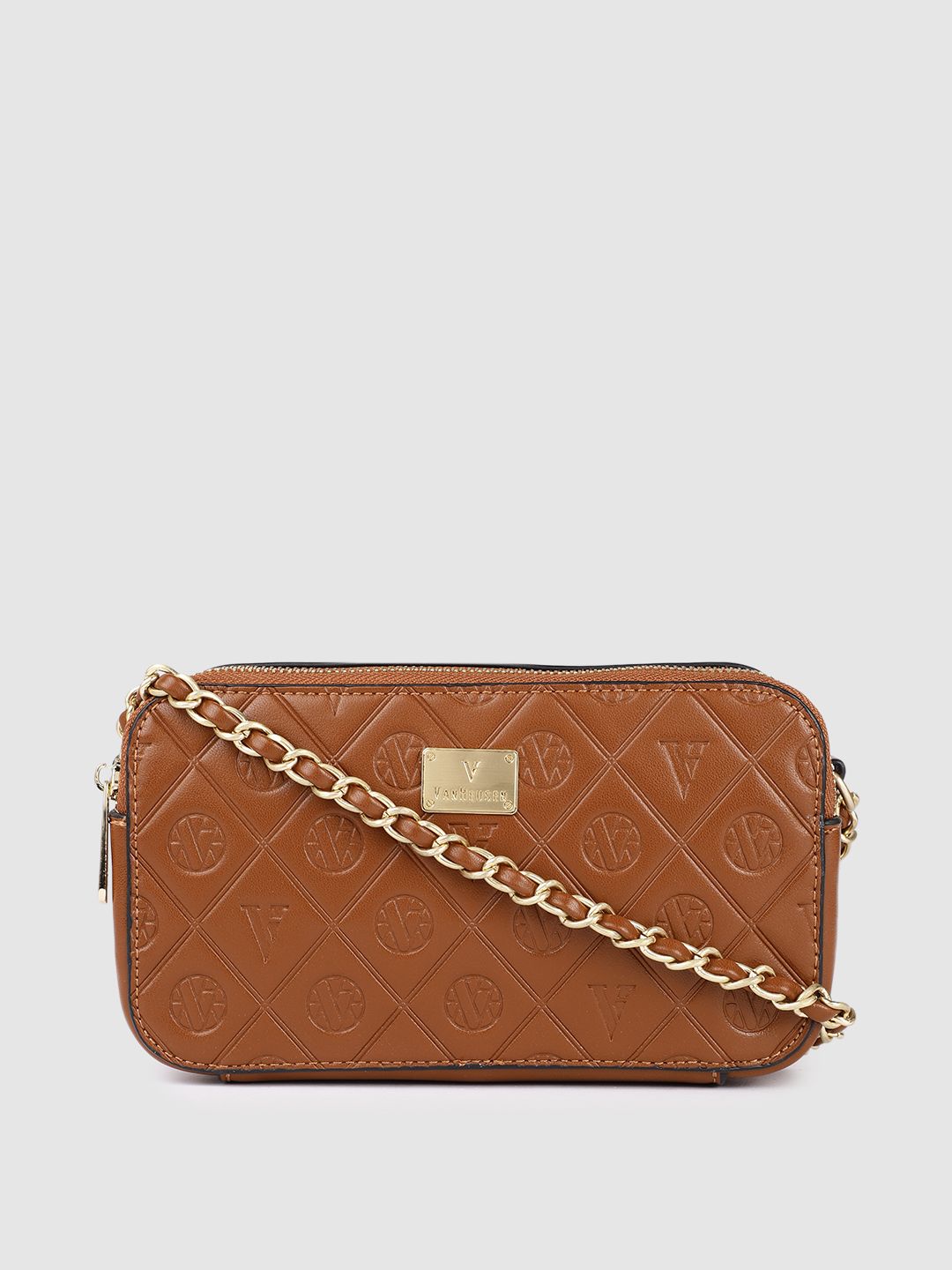 Van Heusen Tan Brown Textured Structured Sling Bag Price in India