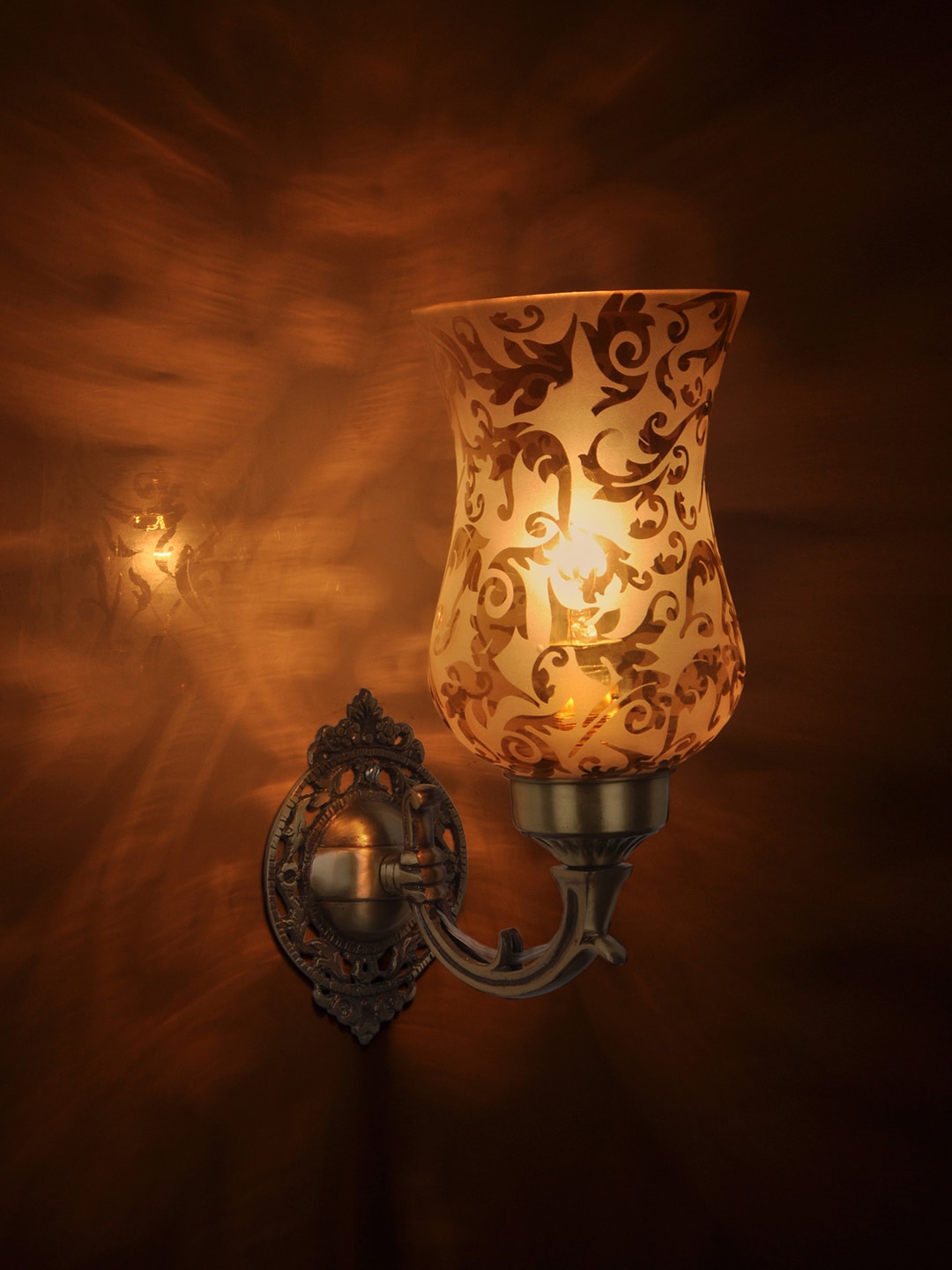 Fos Lighting Gold-Toned & Brown Printed Mini Glass & Brass Wallchiere Price in India