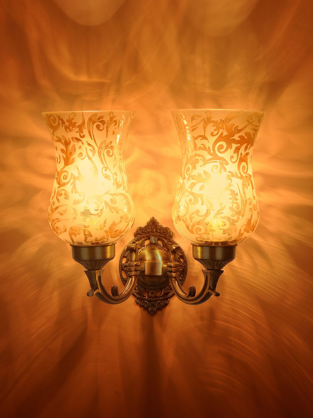 Fos Lighting Gold-Toned & Brown Printed Mini Glass & Brass Dual Wallchiere Price in India