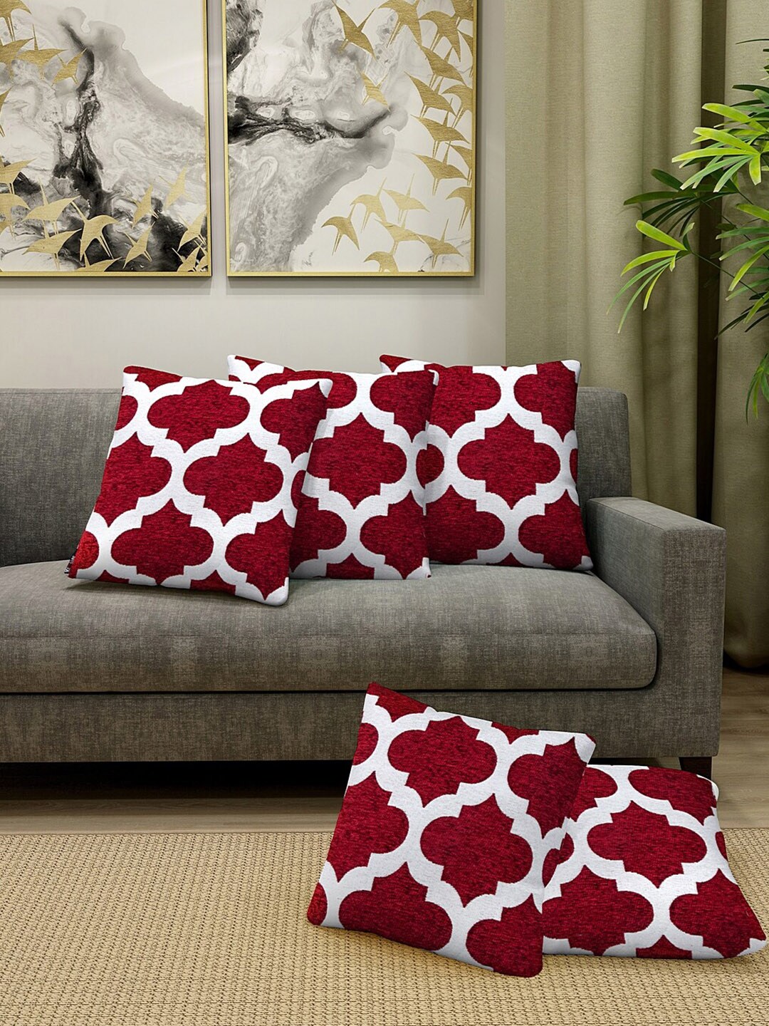 KLOTTHE Maroon & White Set of 5 Ethnic Motifs Square Cushion Covers Price in India