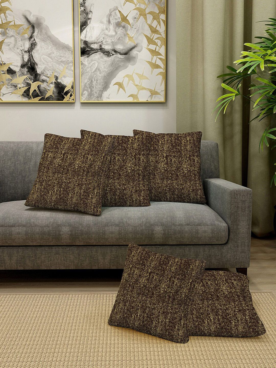 KLOTTHE Brown Set of 5 Abstract Square Cushion Covers Price in India