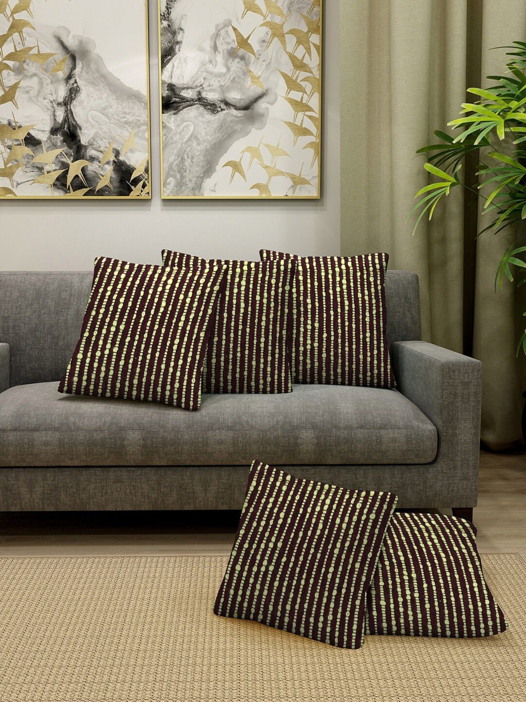 KLOTTHE Brown Set of 5 Striped Square Cushion Covers Price in India