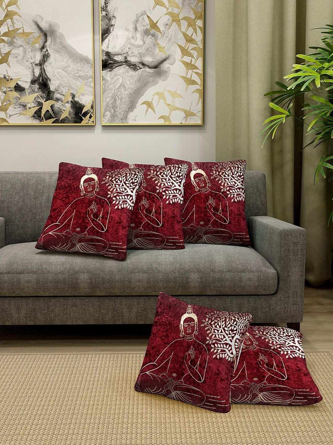 KLOTTHE Maroon & Golden Set of 5 Ethnic Motifs Velvet Square Cushion Covers Price in India