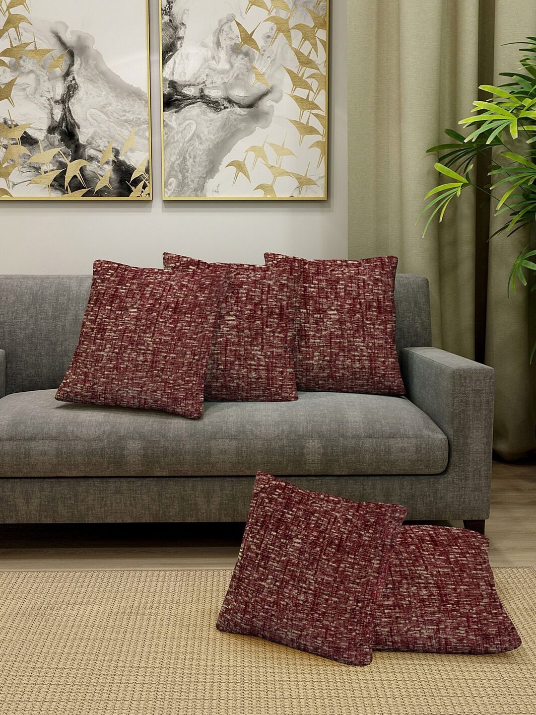 KLOTTHE Maroon Set of 5 Square Cushion Covers Price in India