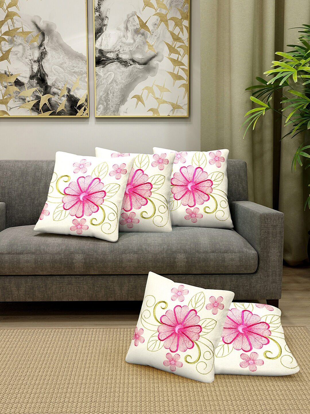 KLOTTHE Off White & Pink Set of 5 Embroidered Cotton Square Cushion Covers Price in India