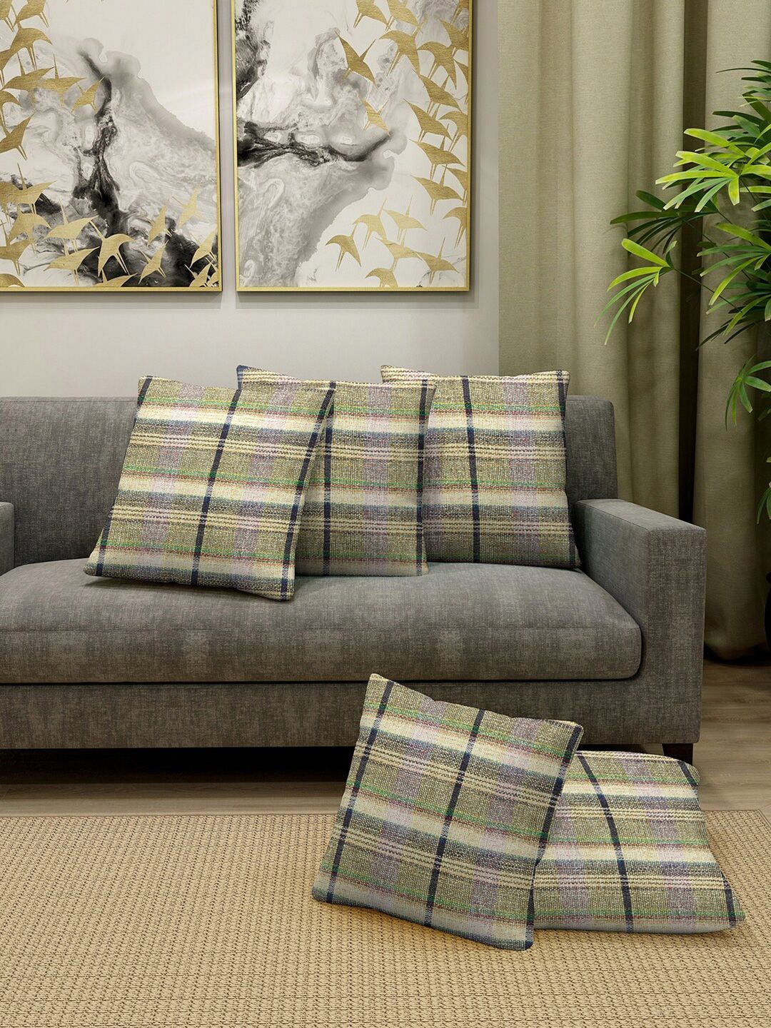 KLOTTHE Green & Beige Set of 5 Checked Cotton Square Cushion Covers Price in India