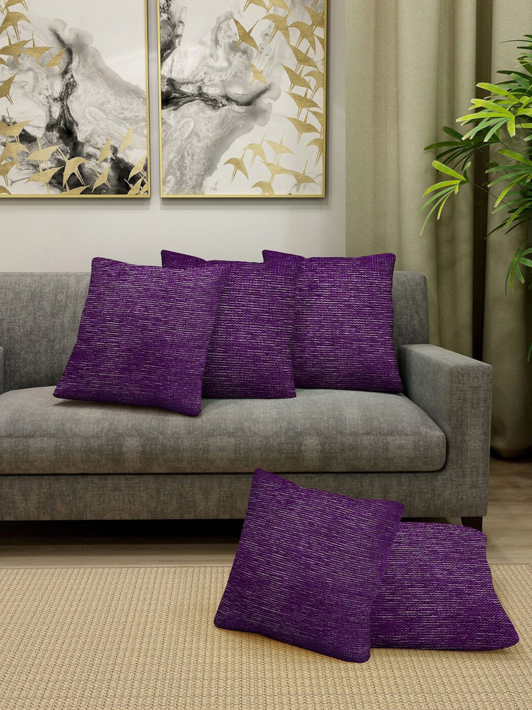 KLOTTHE Purple Set of 5 Square Cushion Covers Price in India