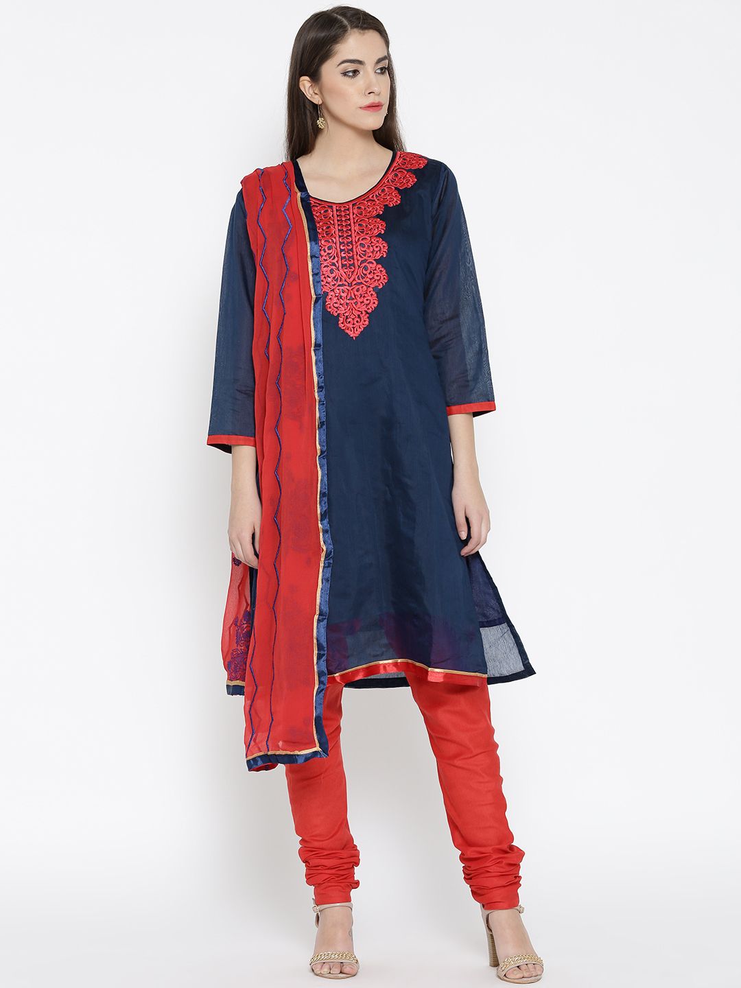 Akhilam Navy & Red Embroidered Unstitched Dress Material Price in India