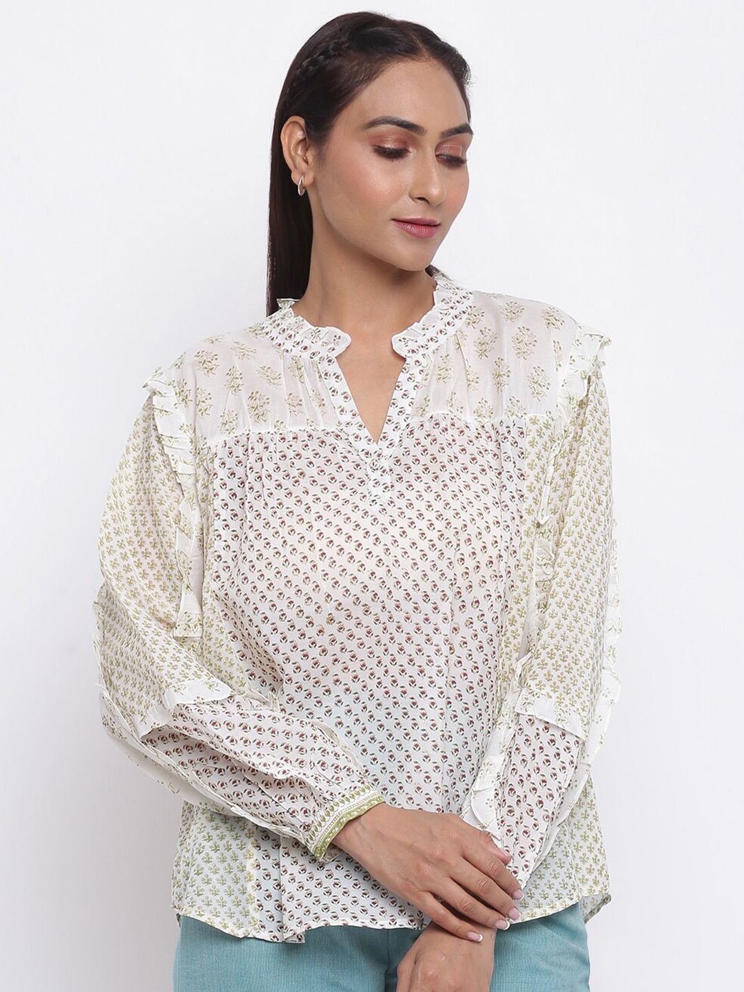 Fabindia Women  White Cotton Blend  Round Neck Floral Print Mandarin Collar Top Price in India