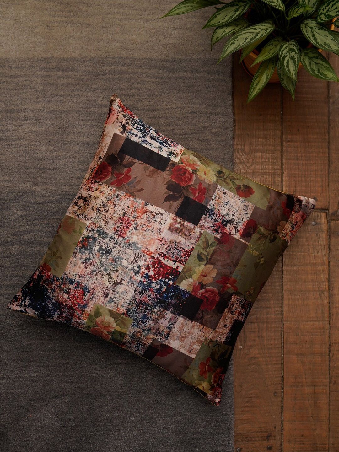 ZEBA Multicoloured Floral Square Cushion Cover Price in India