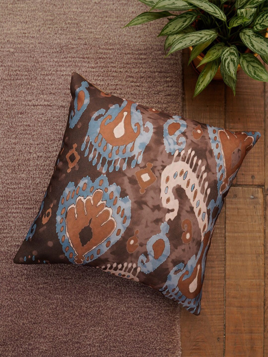 ZEBA Brown & Blue Floral Square Cushion Cover Price in India