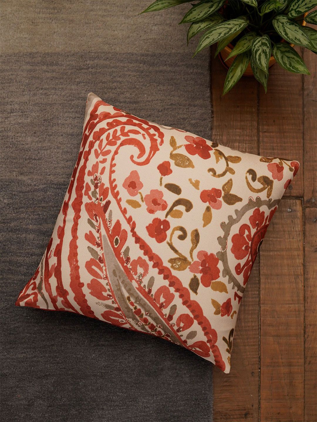 ZEBA Beige & Red Floral Square Cushion Cover Price in India