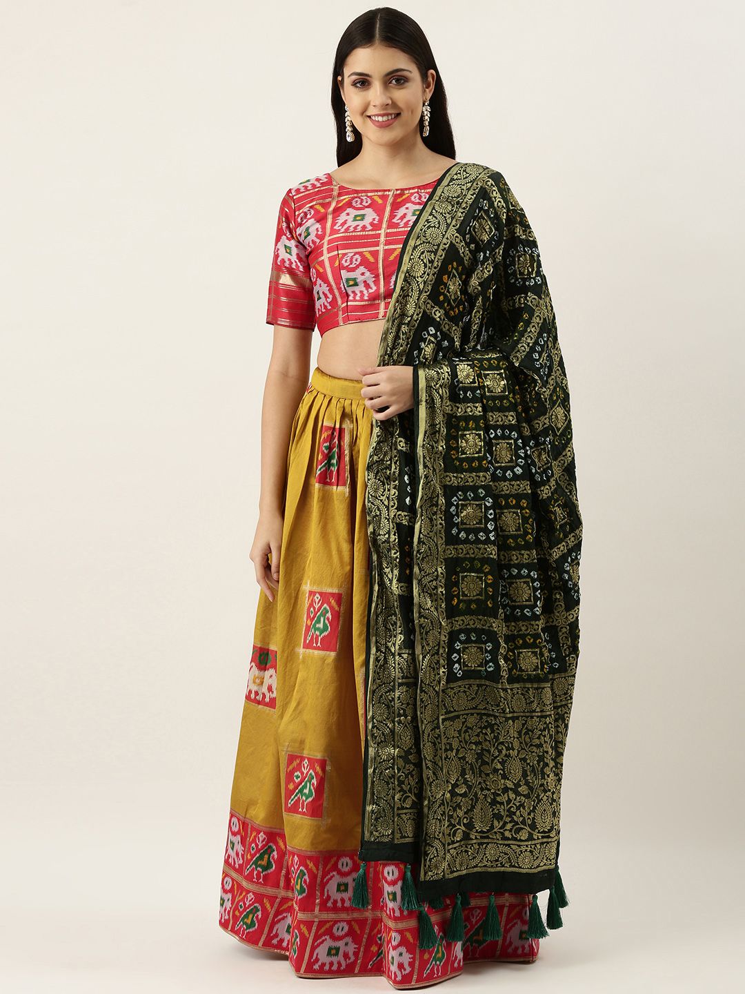 LOOKNBOOK ART Mustard Yellow & Red Semi-Stitched Lehenga & Unstitched Blouse With Dupatta Price in India