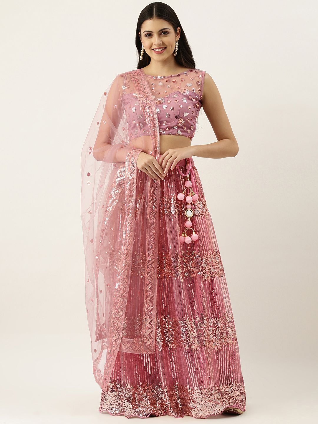LOOKNBOOK ART Pink Sequinned Semi-Stitched Lehenga & Unstitched Blouse With Dupatta Price in India