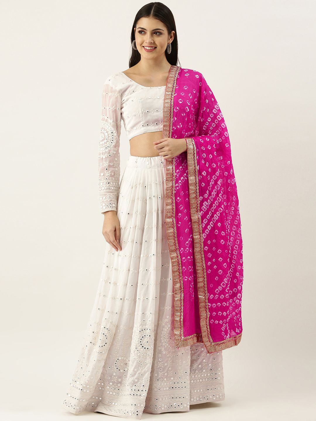 LOOKNBOOK ART White Embroidered Semi-Stitched Lehenga & Unstitched Blouse With Dupatta Price in India
