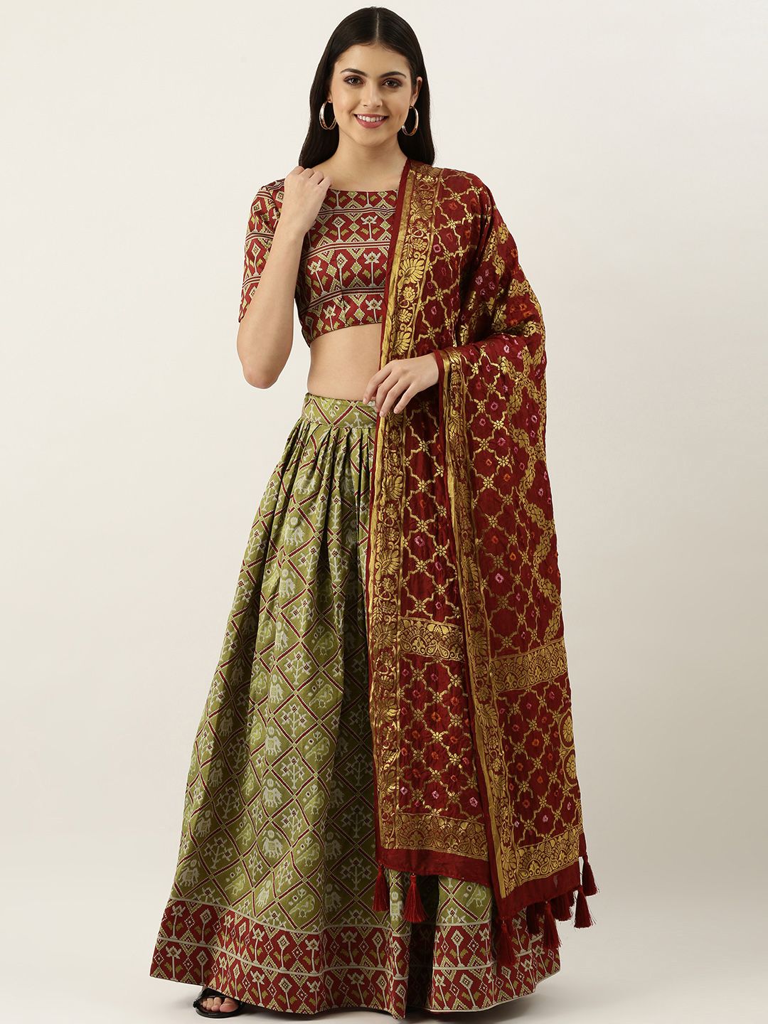 LOOKNBOOK ART Green & Maroon Semi-Stitched Lehenga & Unstitched Blouse With Dupatta Price in India