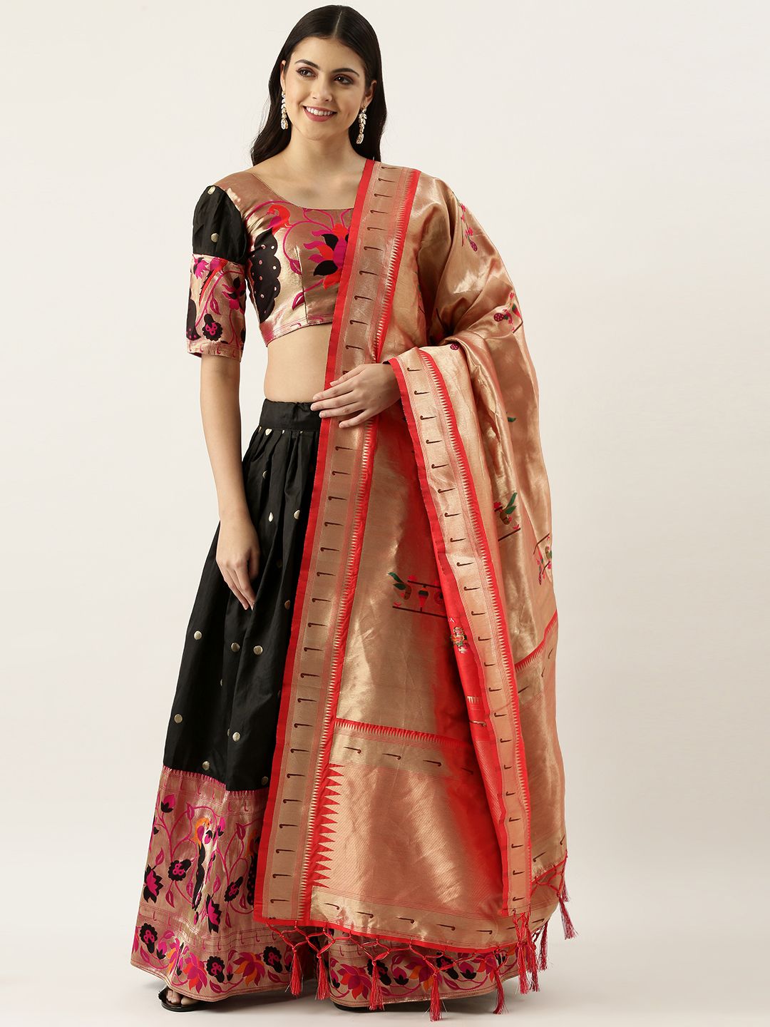 LOOKNBOOK ART Black & Golden Semi-Stitched Lehenga & Unstitched Blouse With Dupatta Price in India