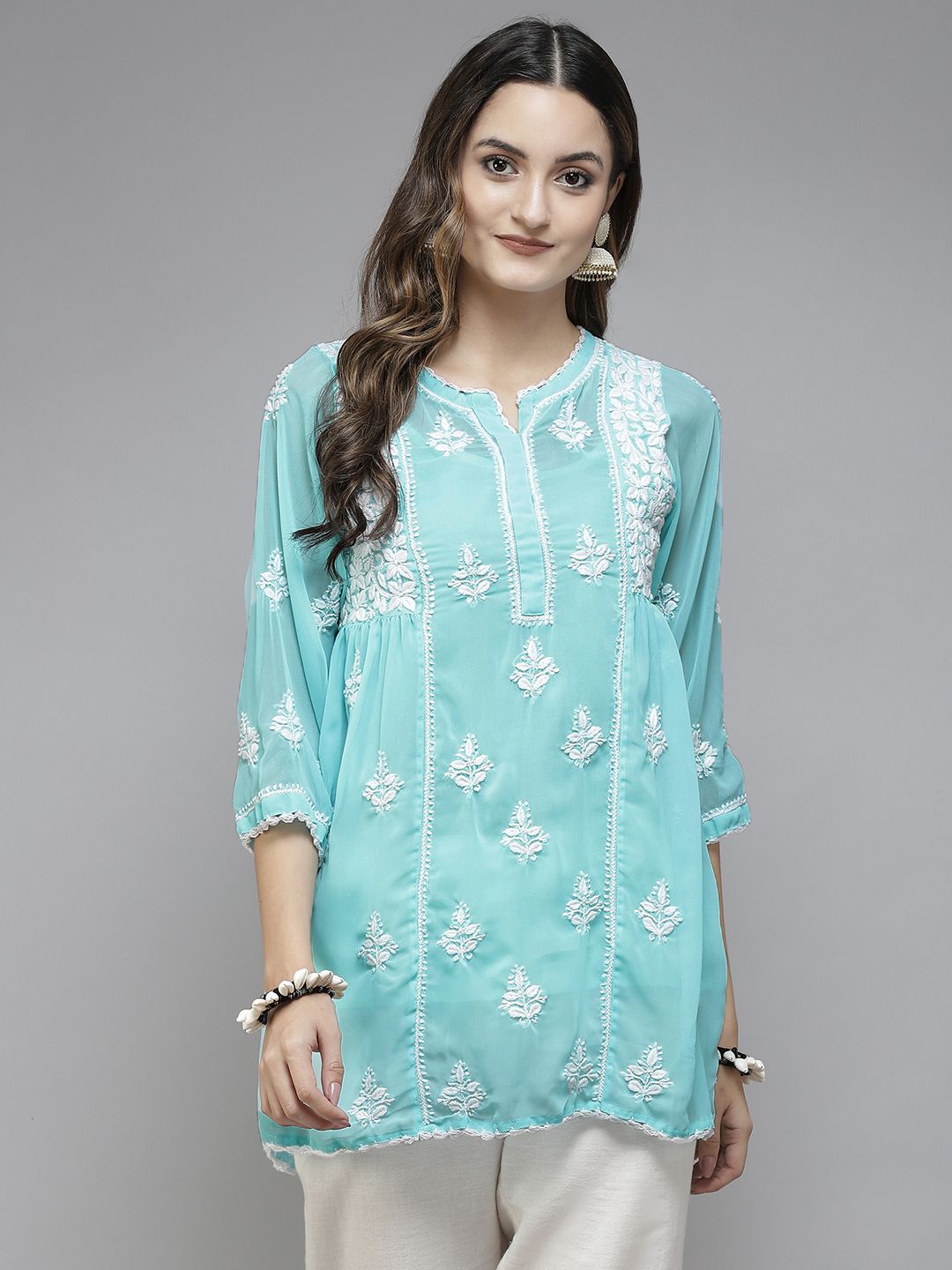 ADA Blue & White Ethnic Motifs Embroidered Chikankari Kurti With Slip Price in India