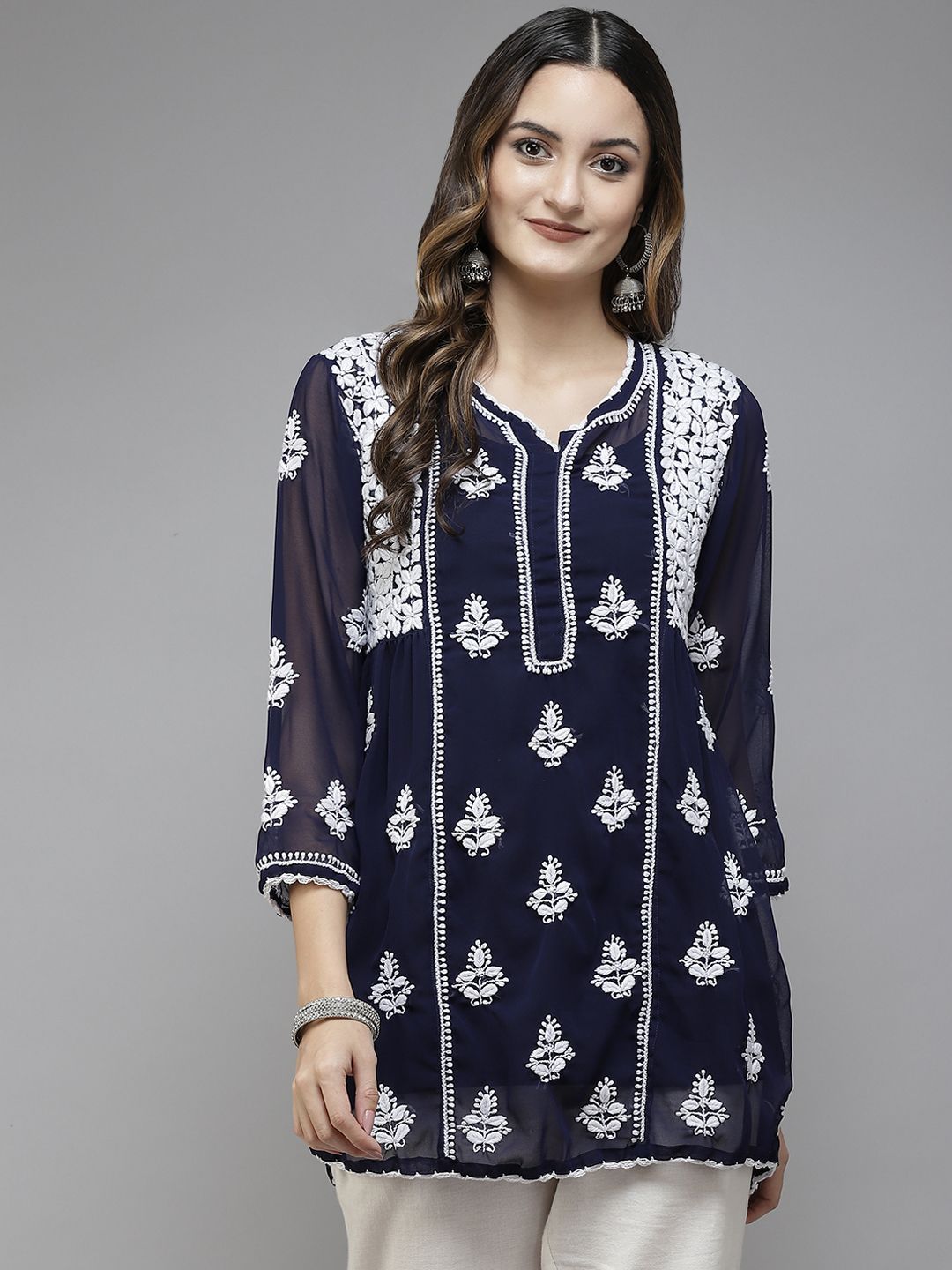 ADA Navy Blue & White Ethnic Motifs Embroidered Chikankari Kurti with Matching Slip Price in India