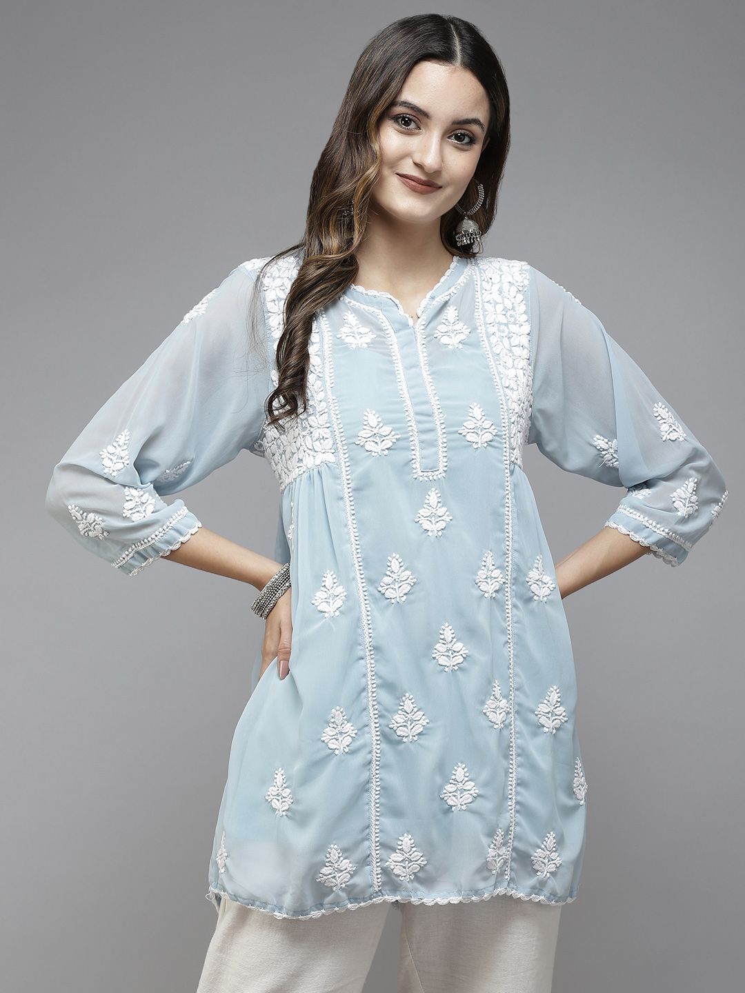 ADA Light Blue & White Ethnic Motifs Embroidered Chikankari Kurti With Slip