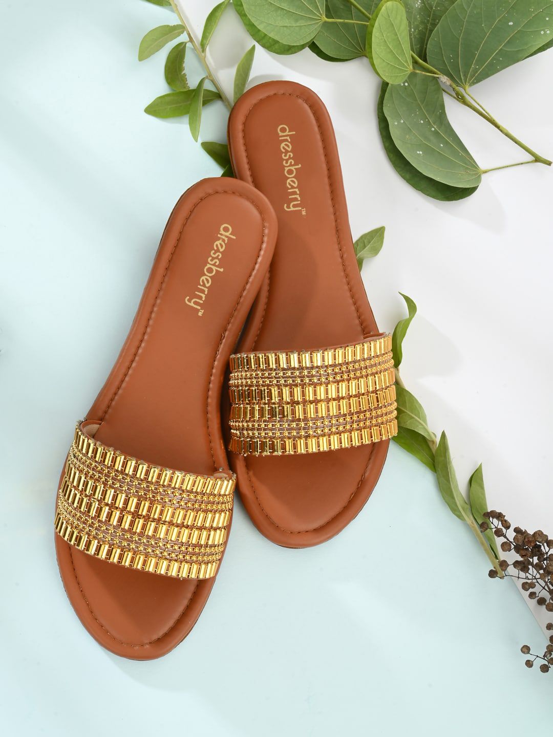 DressBerry Women Tan Embellished Open Toe Flats Price in India