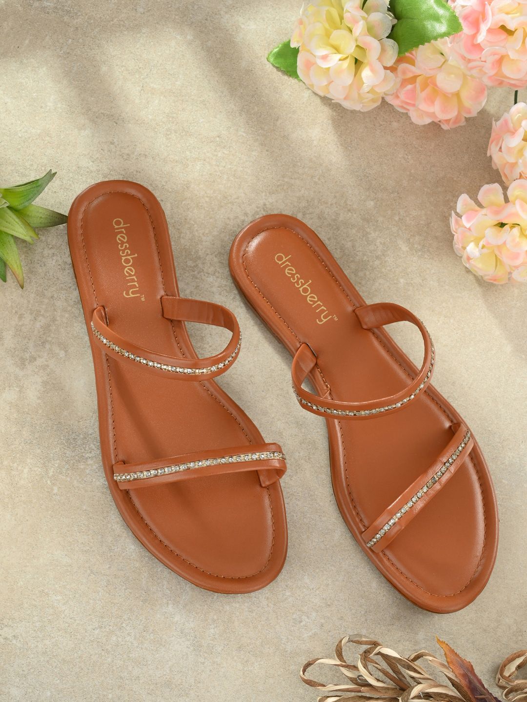 DressBerry Women Tan Brown Embellished Open Toe Flats Price in India