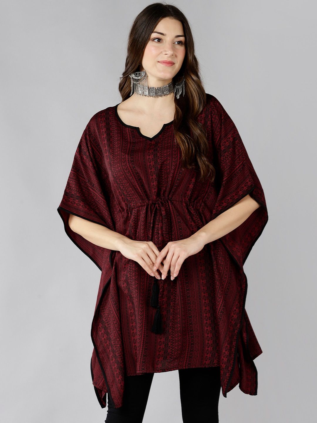 ZNX Clothing Women Maroon Printed Flared Sleeves Crepe Kaftan Kurta Price in India