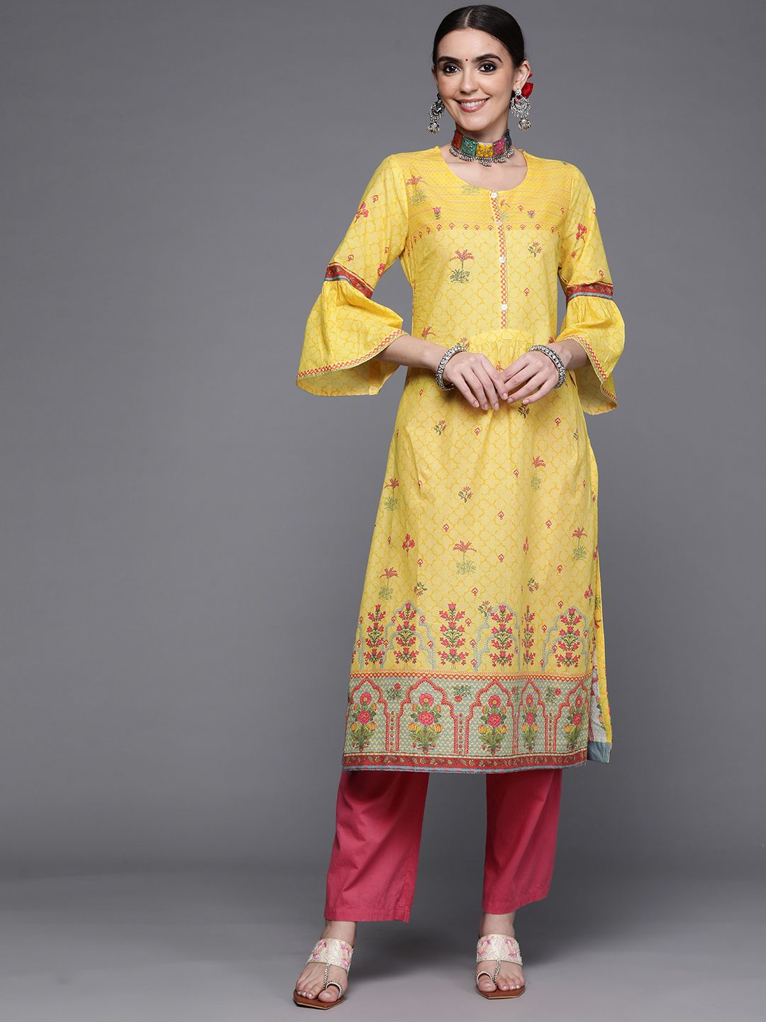 Biba Women Yellow & Red Ethnic Motifs Printed Flared Sleeves Straight Pure Cotton Kurta Price in India