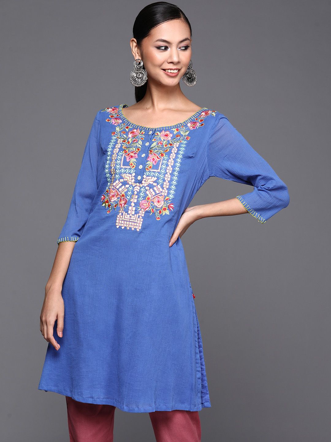 Biba Women Blue Pure Cotton Floral Embroidered Mirror Work Kurta Price in India