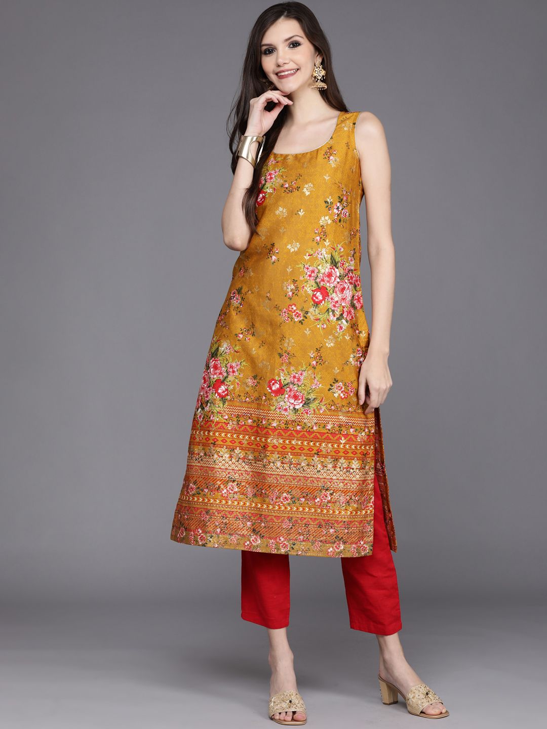 Biba Women Mustard Yellow & Pink Floral Printed Pure Cotton Straight Kurta