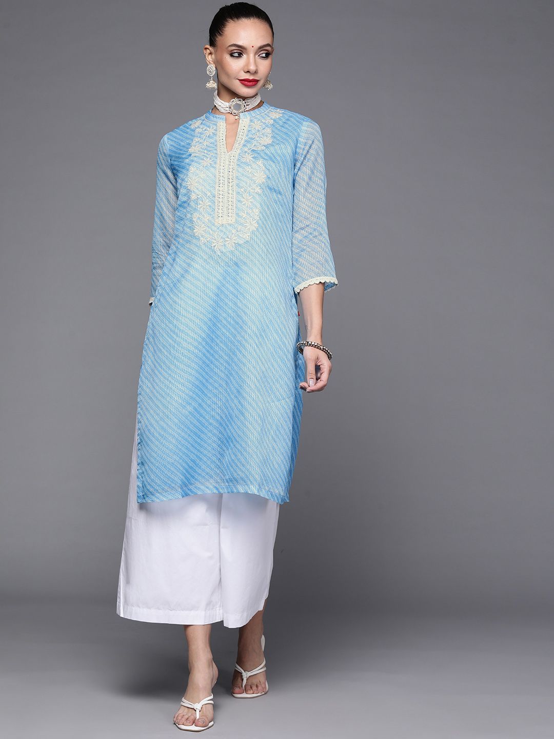 Biba Women Blue & White Striped Lace Inserts Embroidered Yoke Design A-Line Kurta Price in India