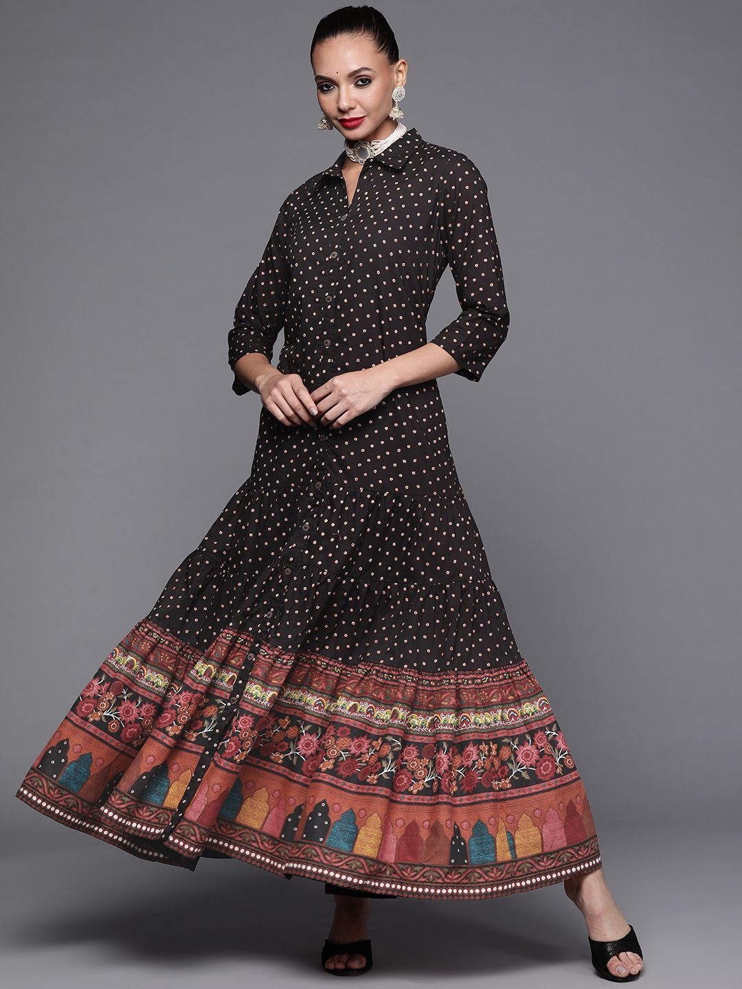Biba Black & Brown Ethnic A-Line Maxi Dress Price in India