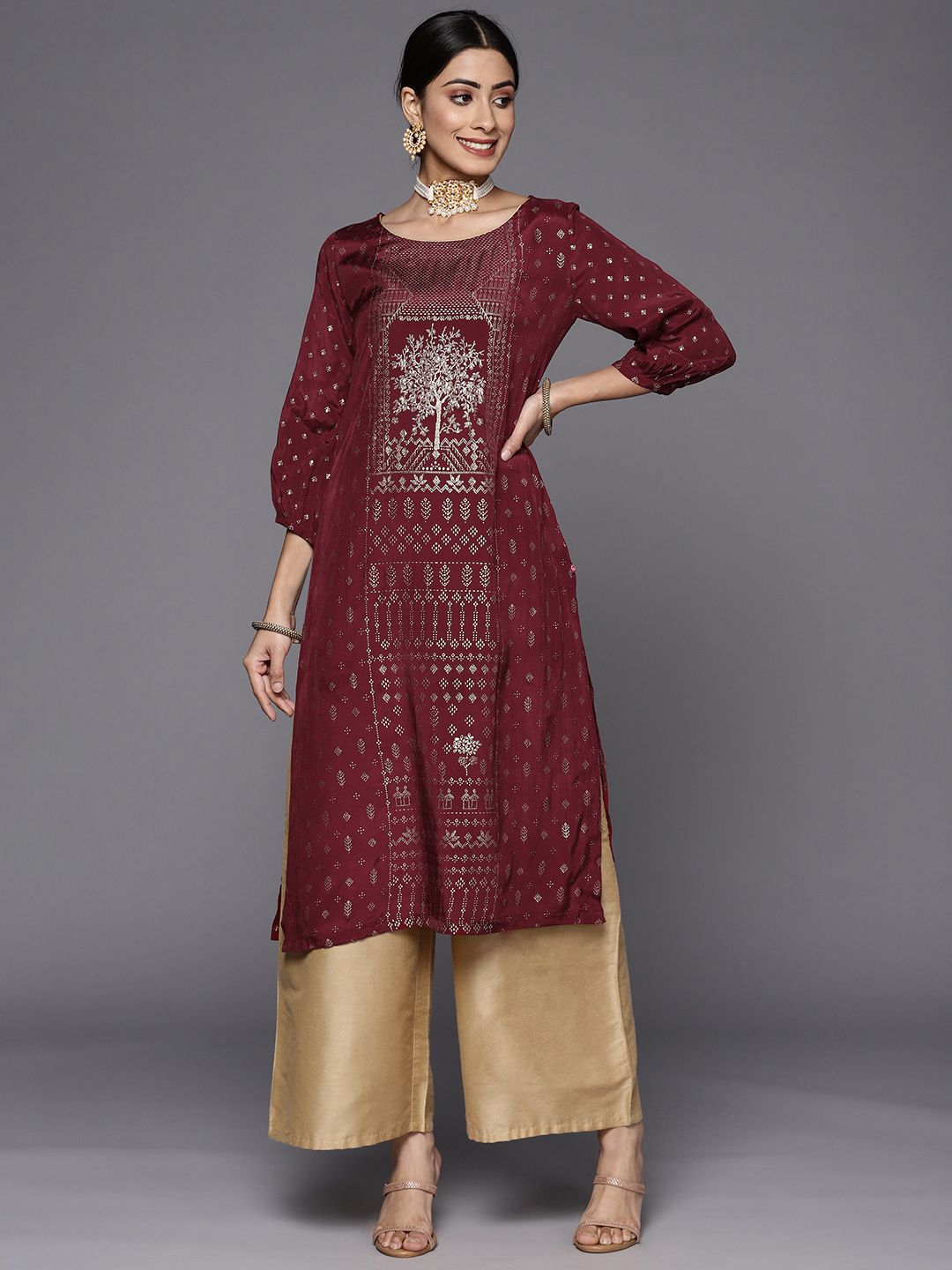 Biba Women Maroon & Golden Ethnic Motifs Printed Puff Sleeves A-Line Kurta Price in India