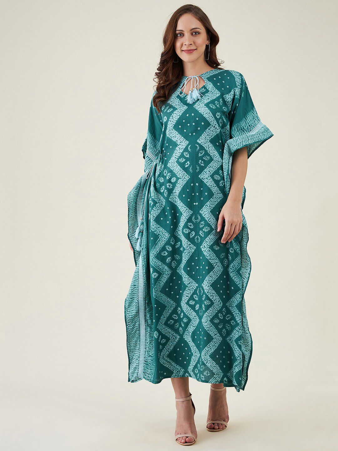 The Kaftan Company Women Green Cotton Tie and Dye Keyhole Neck Kaftan Maxi Dress Price in India