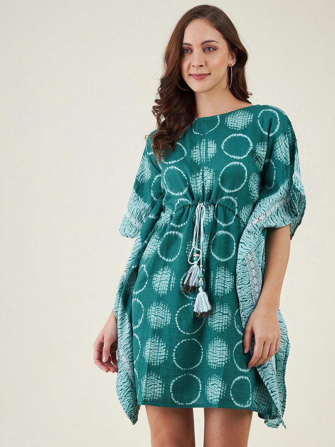 The Kaftan Company Women Green Abstract Printed Kaftan Cotton Dress Price in India