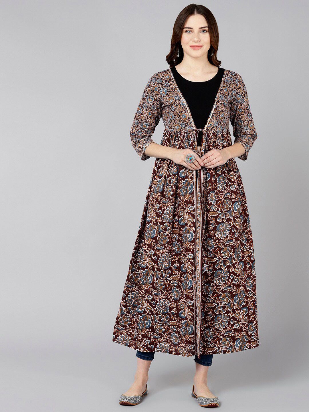 ZNX Clothing Women Maroon & Beige Printed Longline Shrug Price in India