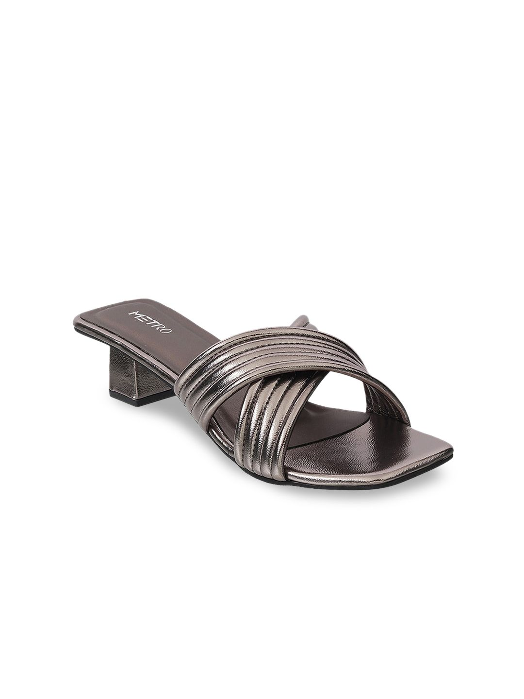 Metro Grey & Silver-Toned Striped Block Sandals Price in India