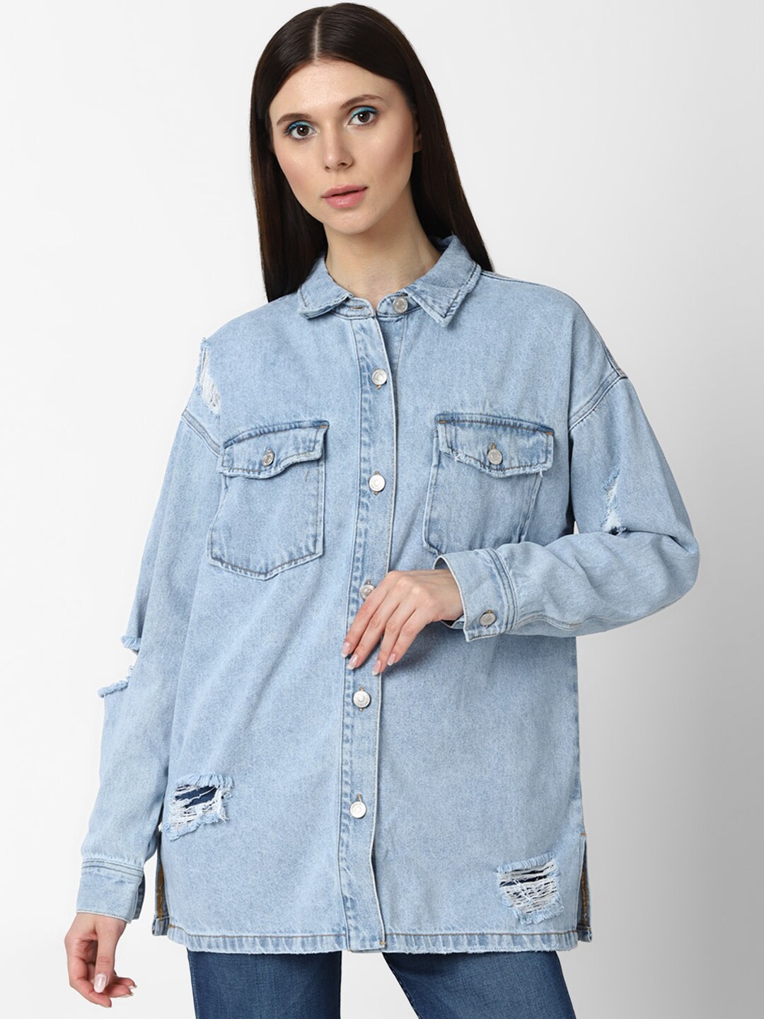 FOREVER 21 Women Blue 100% Cotton Distressed Denim Shacket Price in India
