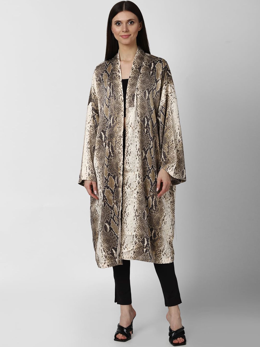 FOREVER 21 Women Brown & Beige Animal Printed Satin Longline Open Front Jacket Price in India