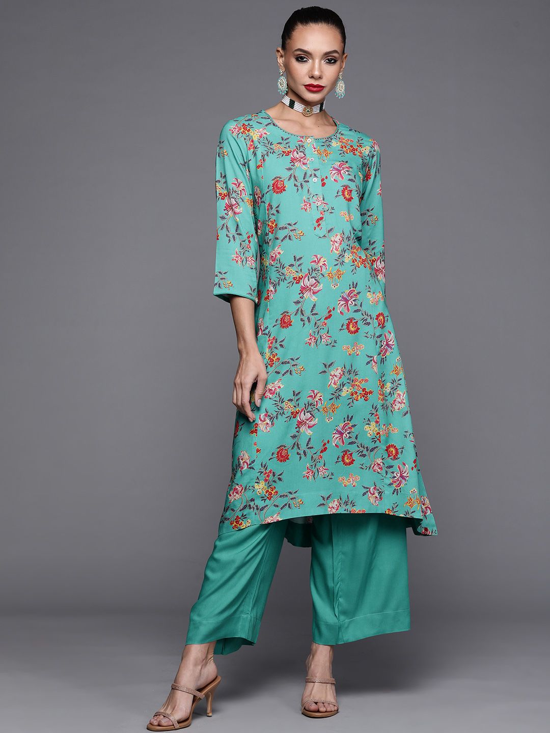 Biba Women Turquoise Blue Ethnic Motifs Printed Kurta with Palazzos Price in India