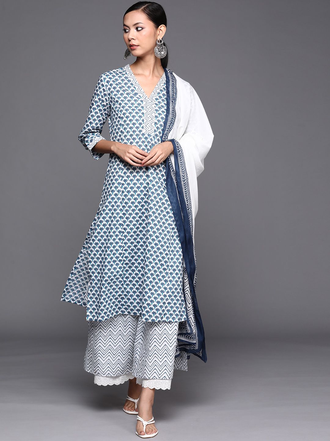 Biba Women Blue Ethnic Motifs Printed Pure Cotton Kurta with Palazzos & Dupatta