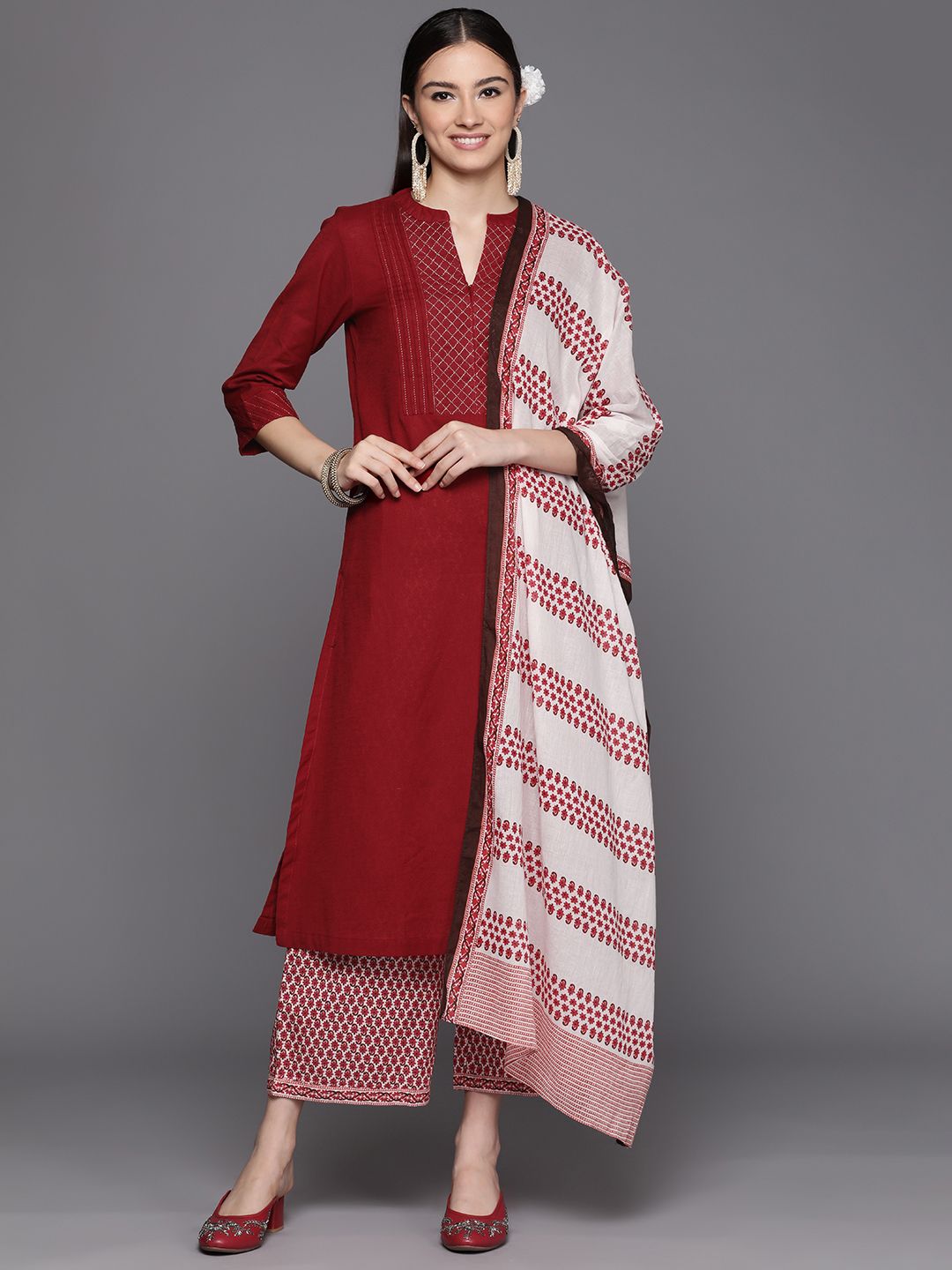 Biba Women Red Ethnic Motifs Pure Cotton Kurta with Palazzos & With Dupatta Price in India