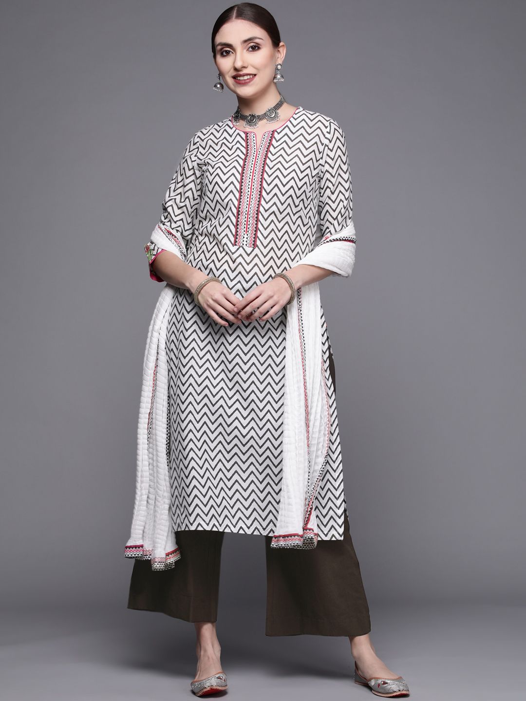 Biba Women White & Charcoal Grey Printed Pure Cotton Kurta with Palazzos With Dupatta Price in India