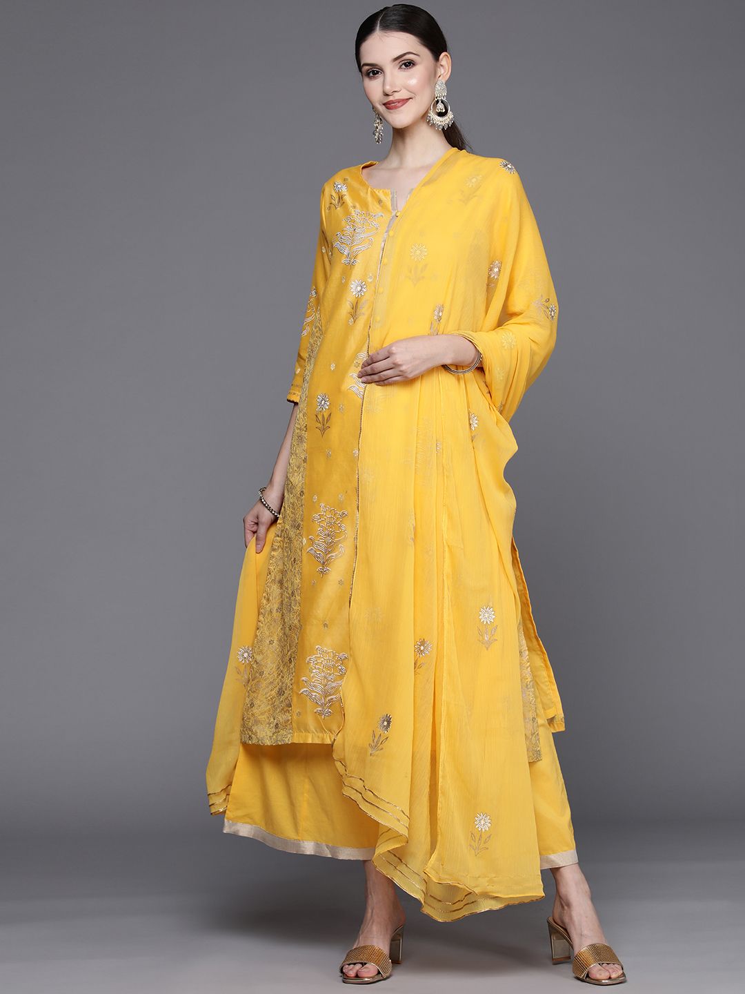 Biba Women Yellow & Golden Ethnic Motifs Printed Kurta with Palazzos & Dupatta Price in India