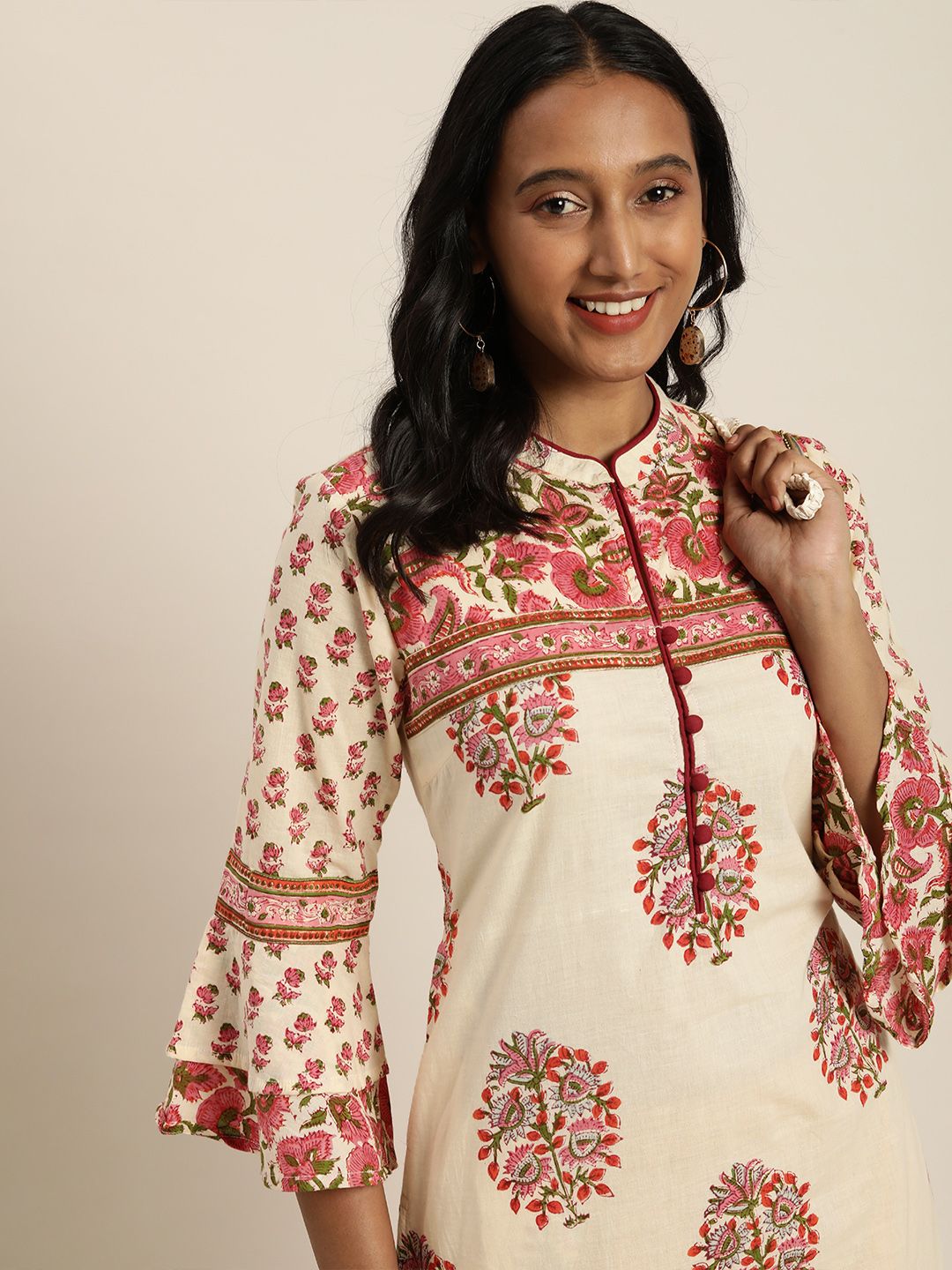 Taavi Women Cream-Coloured & Pink Ethnic Motifs Hand Block Print Cotton Bell Sleeves Kurta Price in India