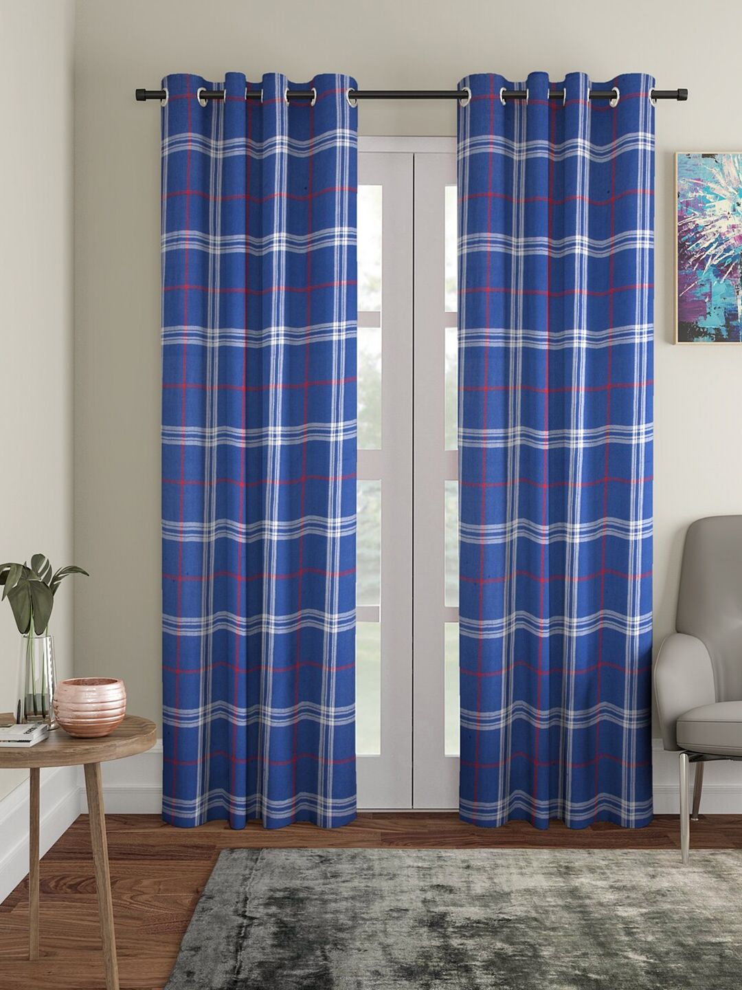 KLOTTHE Blue & Red Set of 2 Geometric Long Door Curtain Price in India