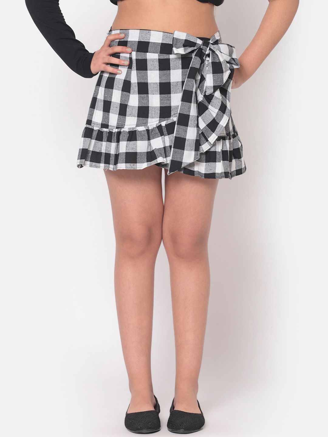 MINOS Girls Black & White Checked Wrap Mini Skirt