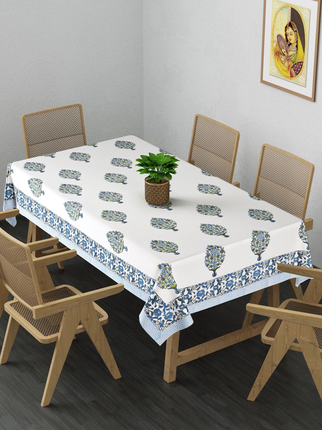 Gulaab Jaipur Blue & White Floral Printed 6-Seater Cotton Table Covers Price in India